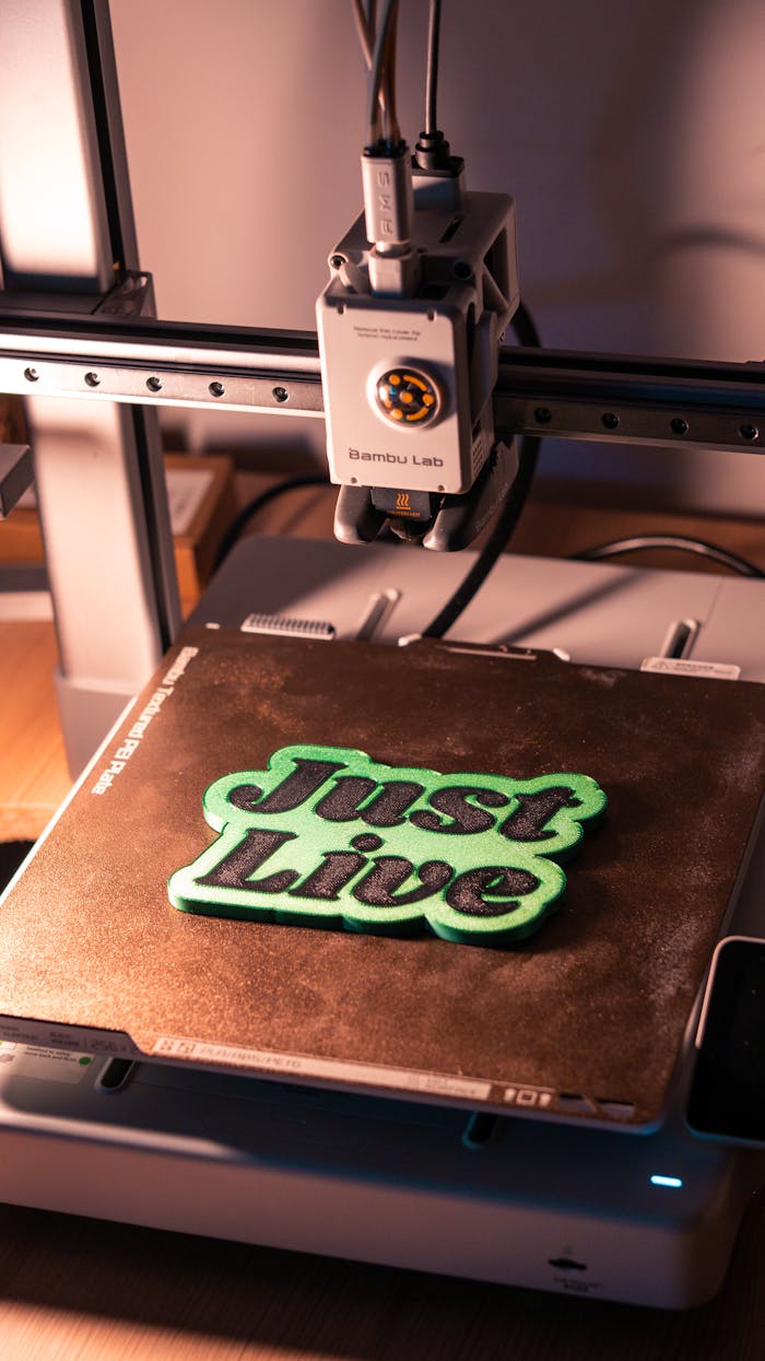 Crafting Captivating Headlines: Your awesome post title goes here A 3D printer crafting Just Live text in a workshop setting. Ideal for digital technology and innovation themes.